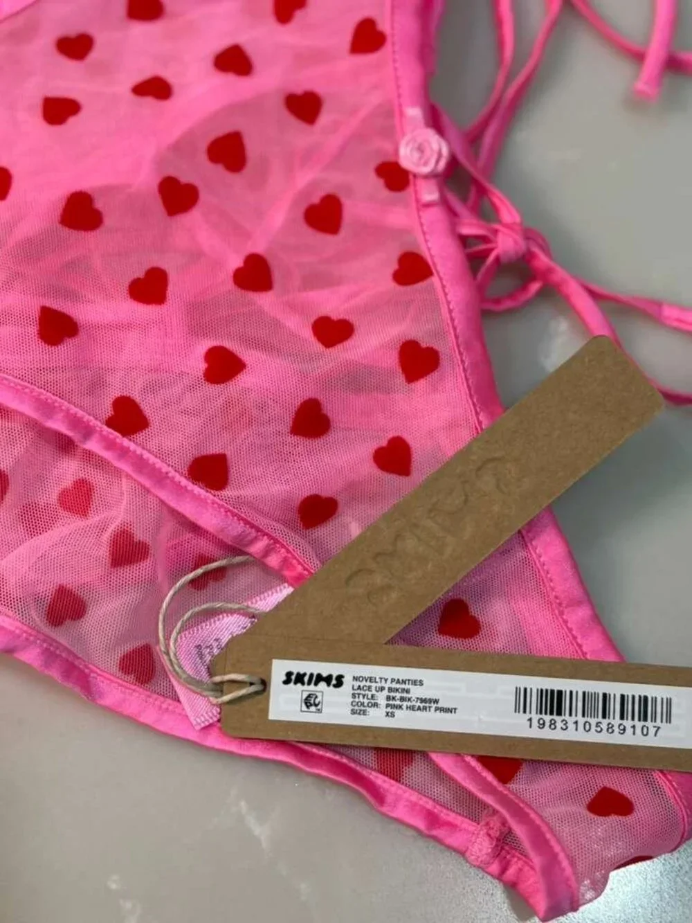💘 RARE SKIMS Novelty Lace Up Bikini • Pink Heart Print • XS • NWT 🏹✨🍭